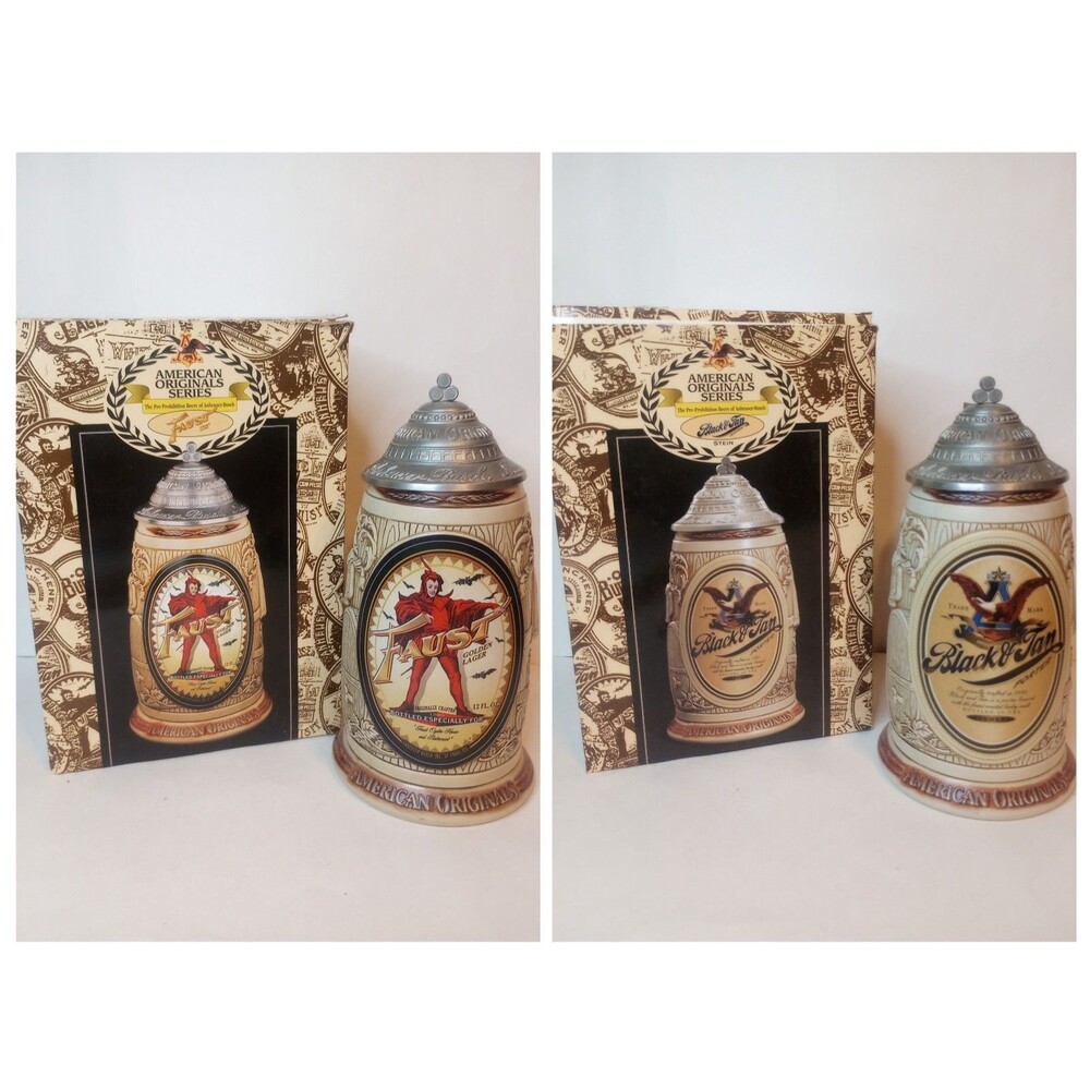 SET OF BUDWEISER AMERICAN ORIGINAL SERIES STEINS  BLACK & TAN / FAUST COA & Box